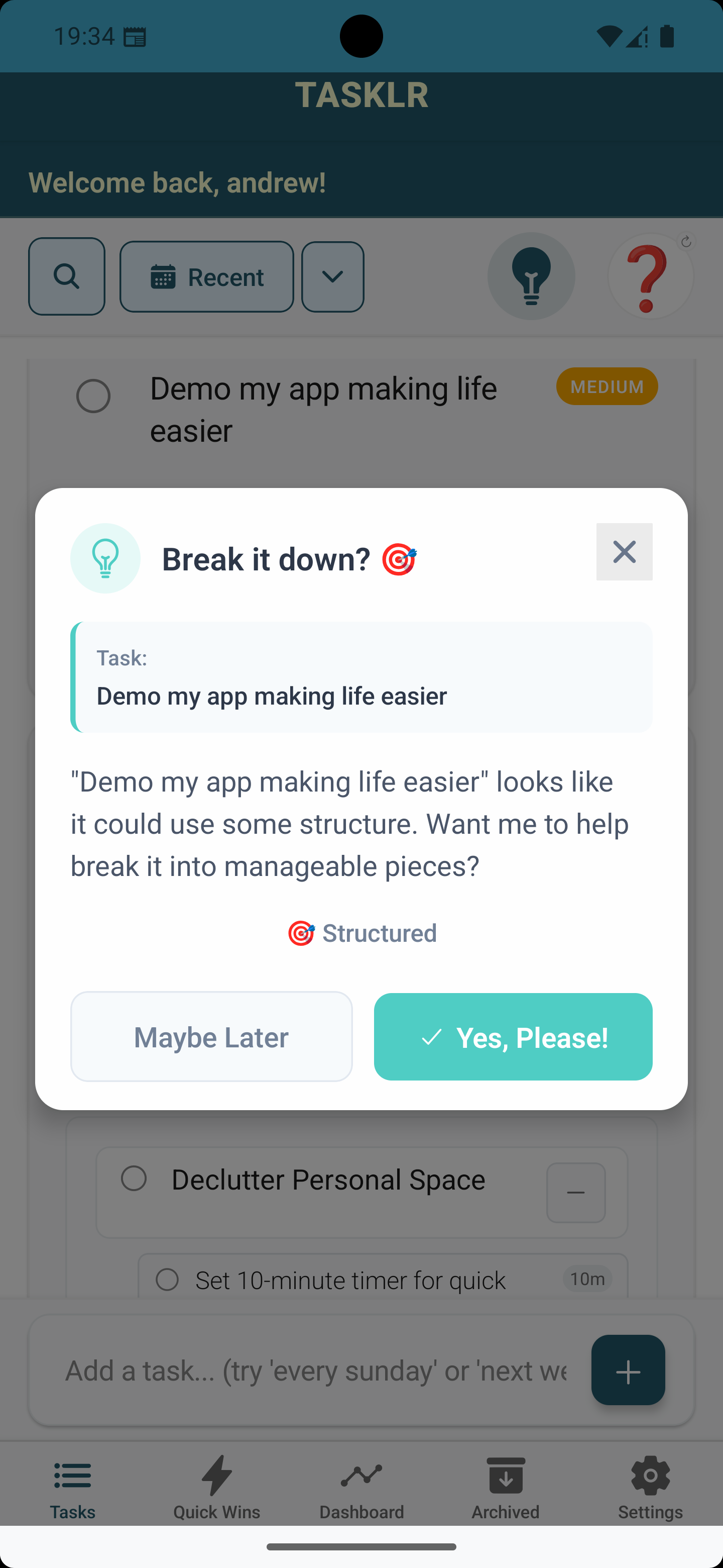 [SCREENSHOT: AI Breakdown - Shows AI suggesting subtasks]