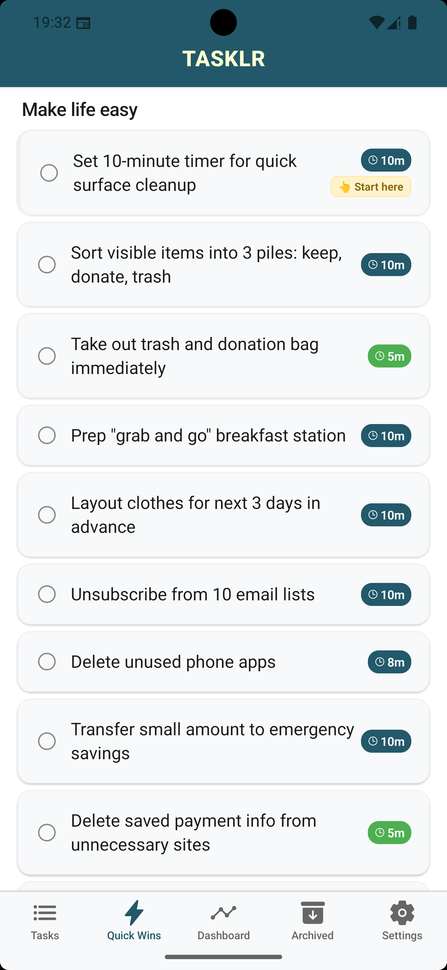 [SCREENSHOT: Quick Wins View - Shows all tasks under 10 minutes]