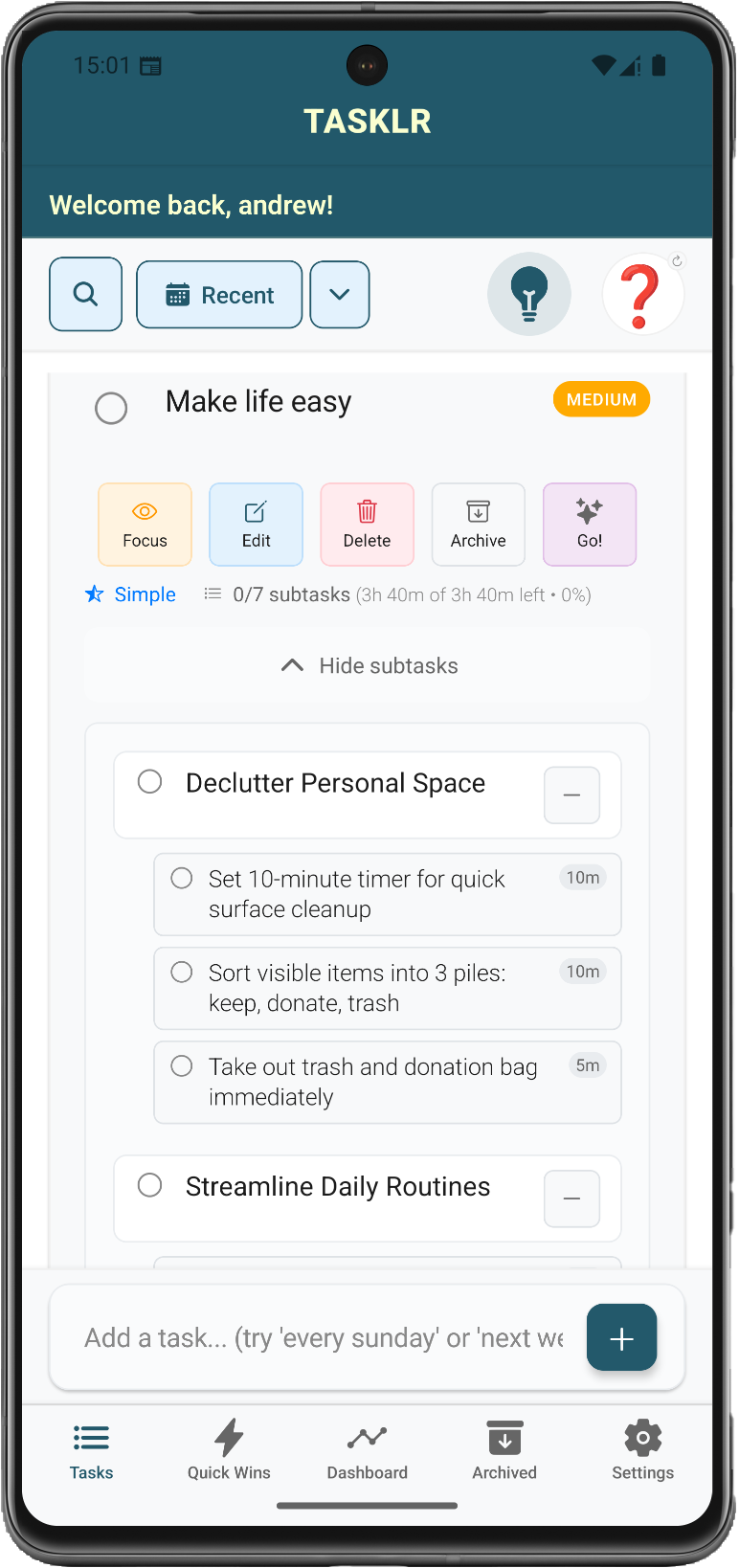 Tasklist showing task breakdown into smaller, achievable tasks