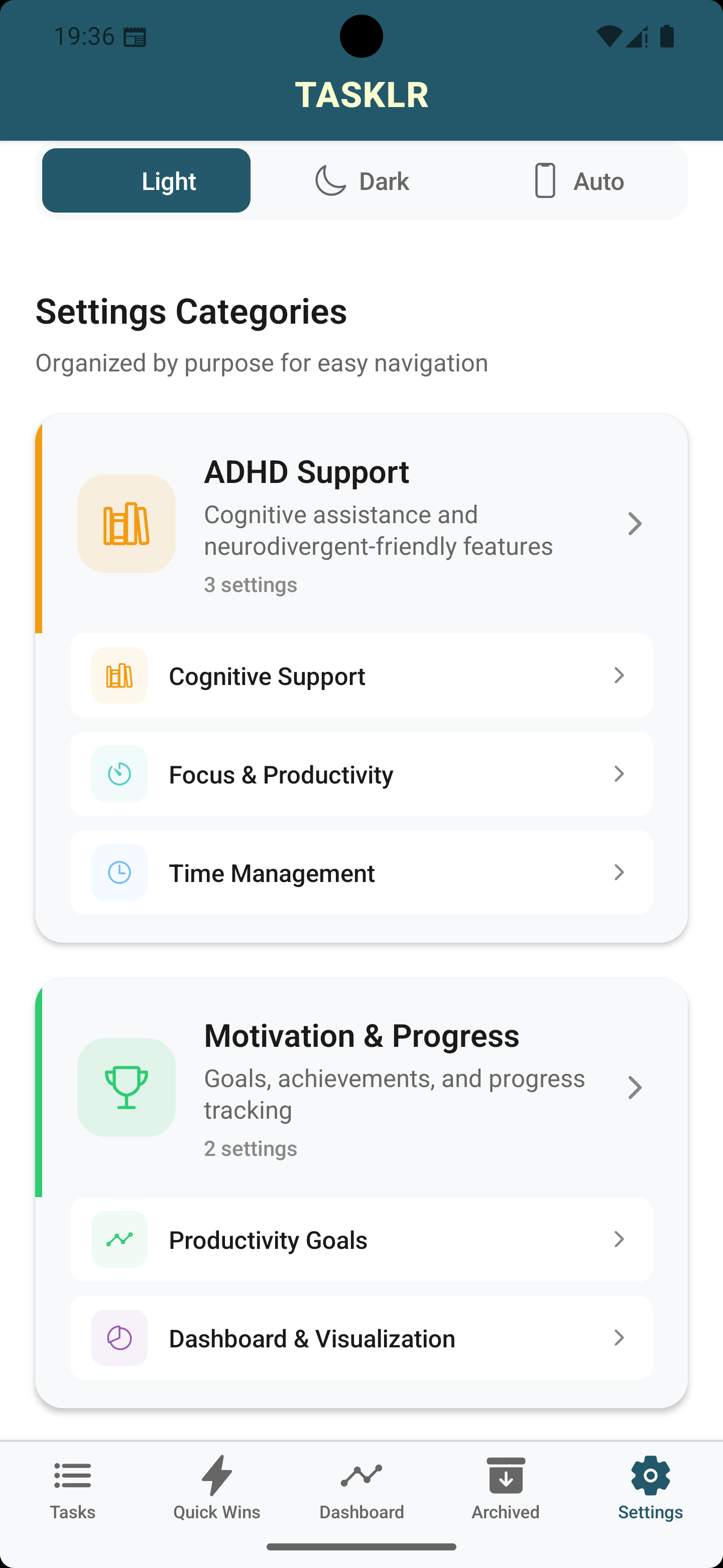 [SCREENSHOT: ADHD Settings - Shows cognitive support options]